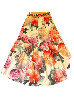 ELIZA J Cream Pink Floral Print Ruffle High Low Taffeta Skirt